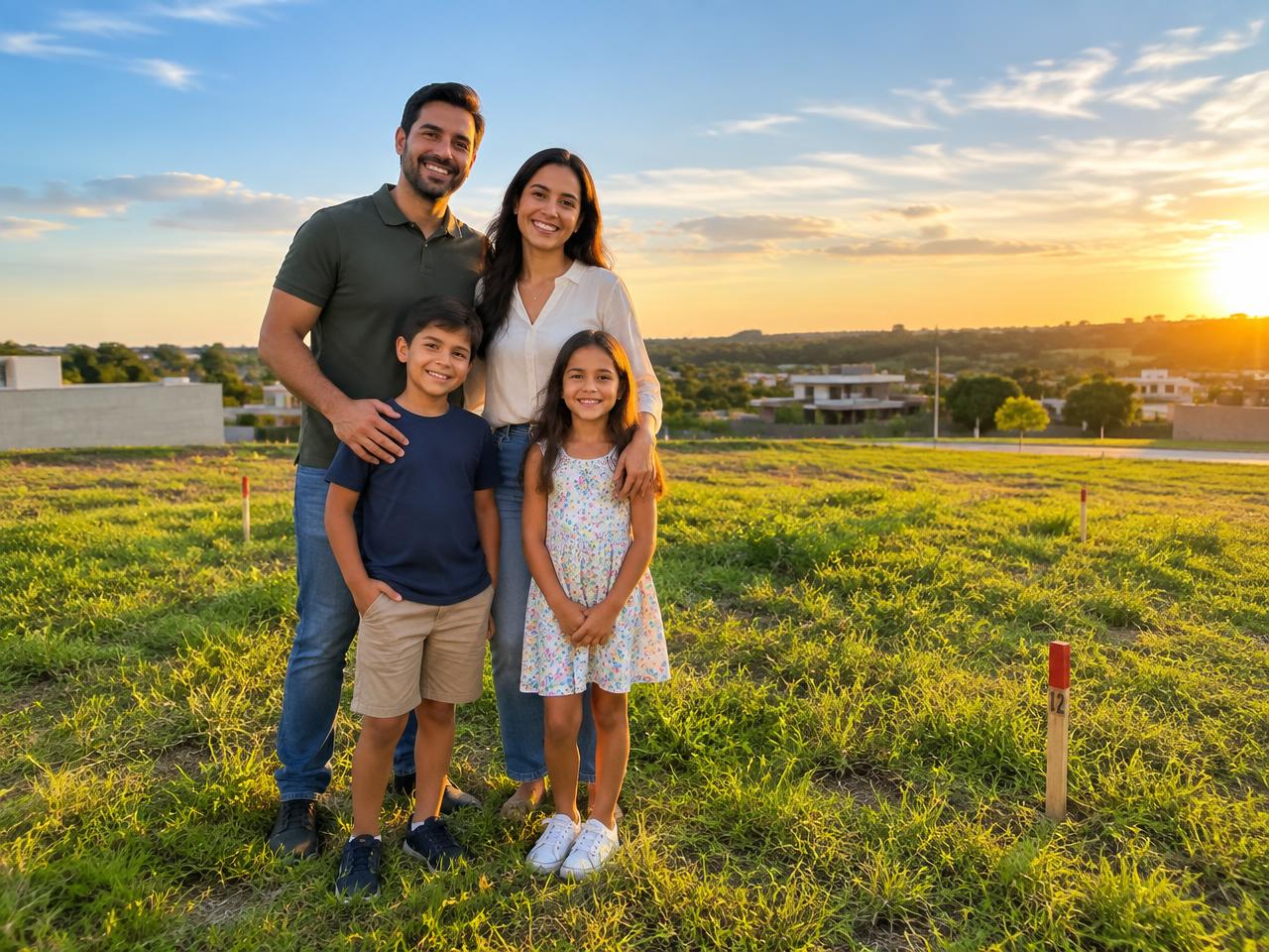 Família construindo seu futuro em um lote de terreno